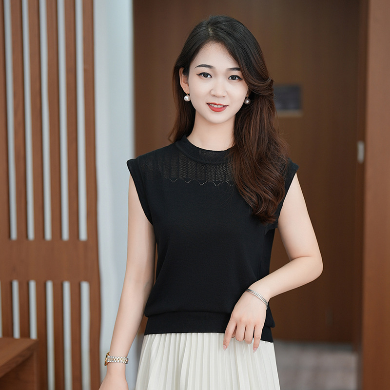 Solid color ice silk camisole for women, new summer 2024 style, sleeveless base layer top with hollow-out design, suitable for layering or wearing on its own.