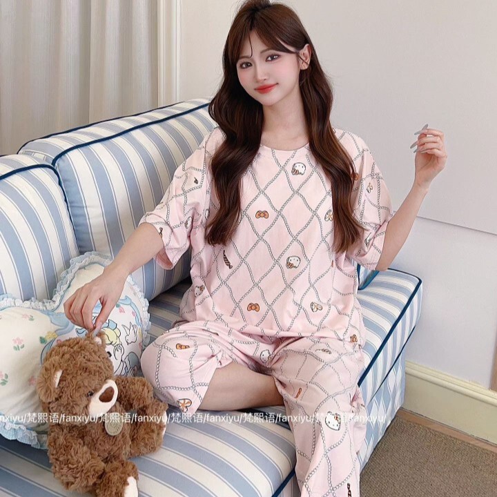 Fanxiyu women's summer pajamas, pure cotton short-sleeve casual three-quarter pants set, loose-fitting youth home wear, wholesale, breathable Fanxiyu women's summer pajamas, pure cotton short-sleeve casual three-quarter pants set, loose-fitting youth home wear, wholesale, breathable