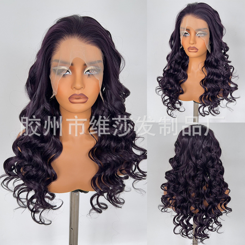 European and American style dark purple wavy curly hair 13x4 hand-tied front lace full wig for women, fluffy hand-tied curls
