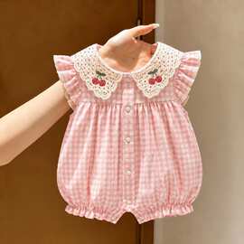 婴儿衣服格子公主新款连体衣百天满月宝宝薄款哈衣夏季夏装爬服男