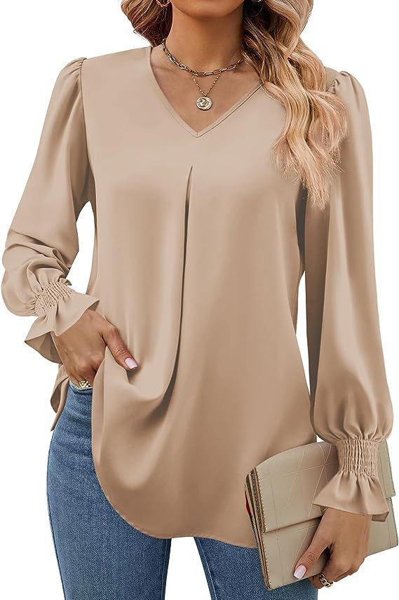 Las mujeres europeas y americanas transfronterizas de Amazon Otoño e Invierno nueva camisa de gasa sólida con cuello en V suéter camisa de manga larga de cuerno