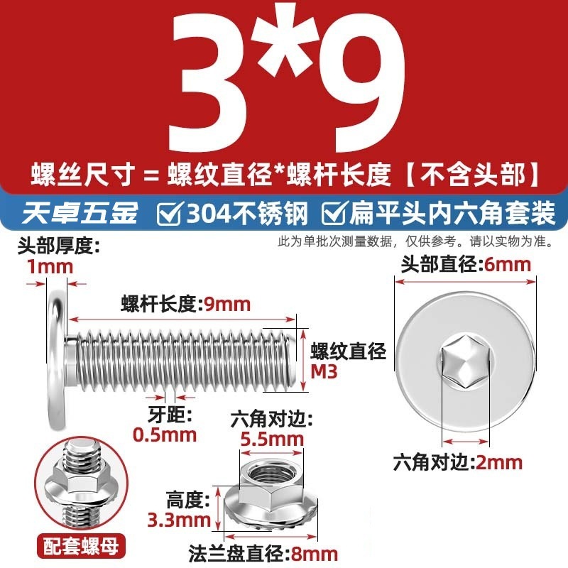 304不锈钢CM大平头超薄头C头扁平头内六角螺丝钉法兰边螺母套装M5|undefined