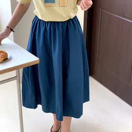 外贸原单~维多利亚蓝棉布松紧文艺舒适气质设计感半身裙大摆半裙