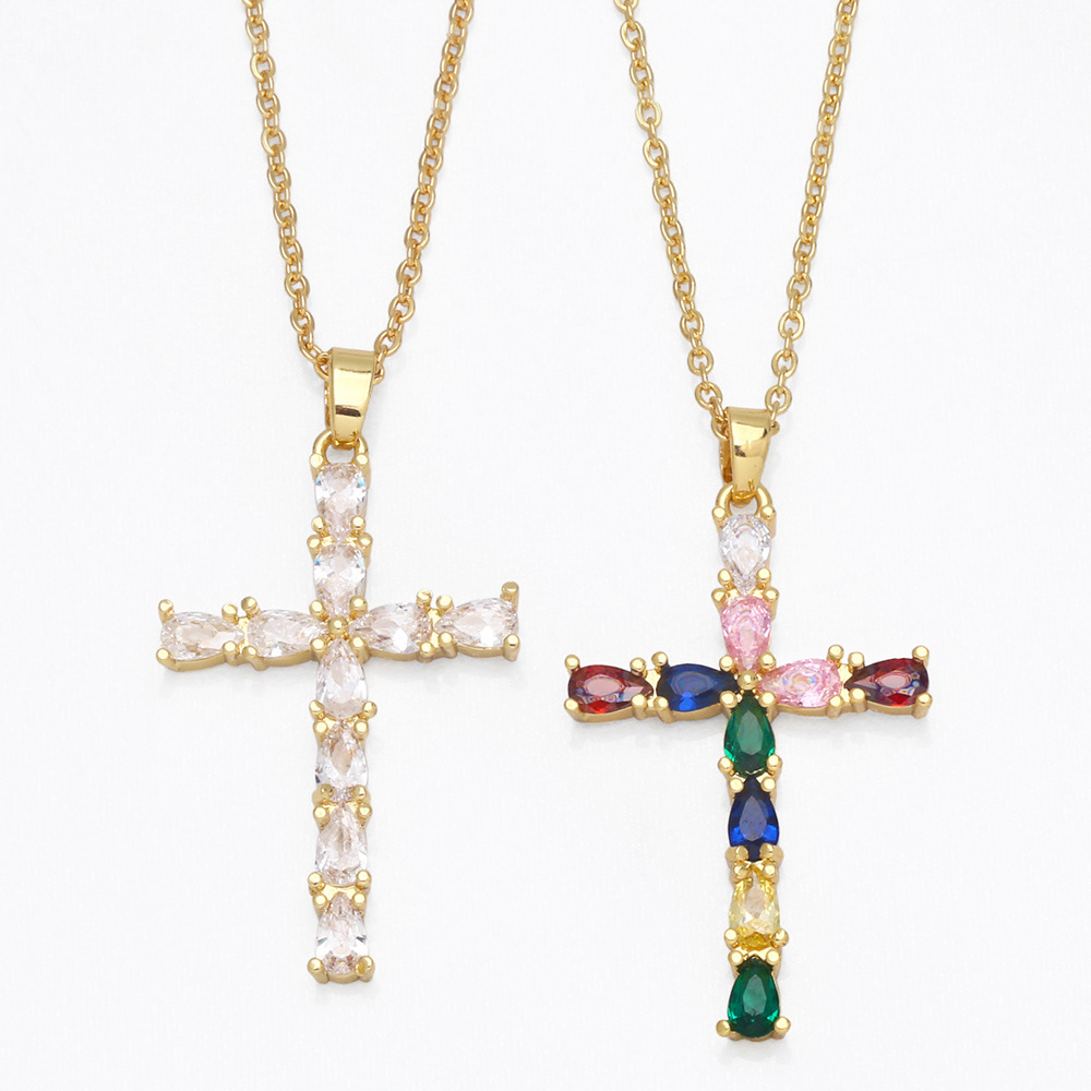 simple retro copper zircon cross pendent long sweater chain