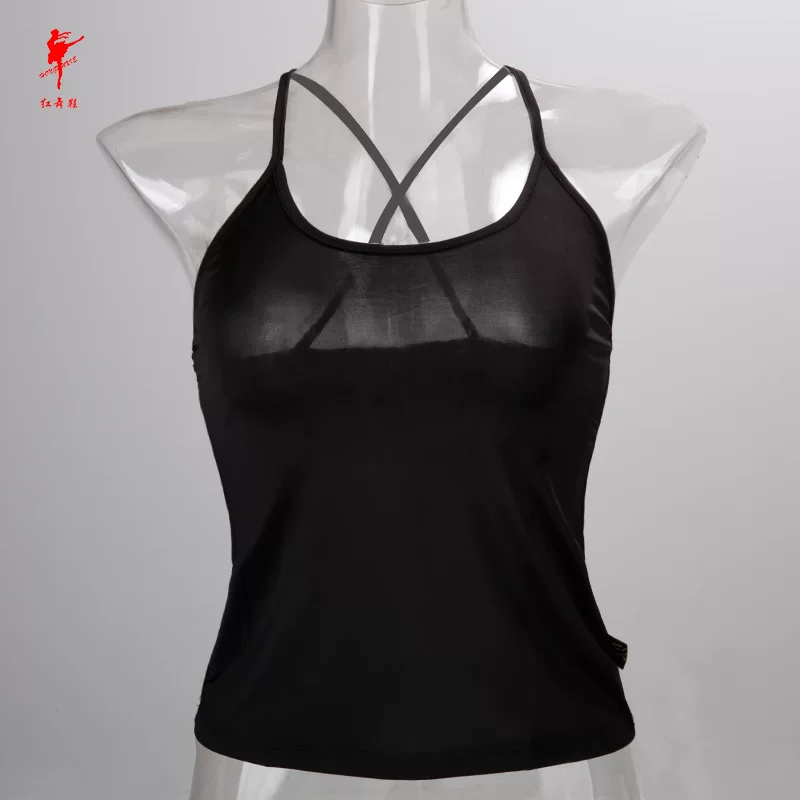 2nd: "红舞鞋 Black sports top with cups, T-shirt for gym" -> Chinese? Means red dancing shoes? Actually 