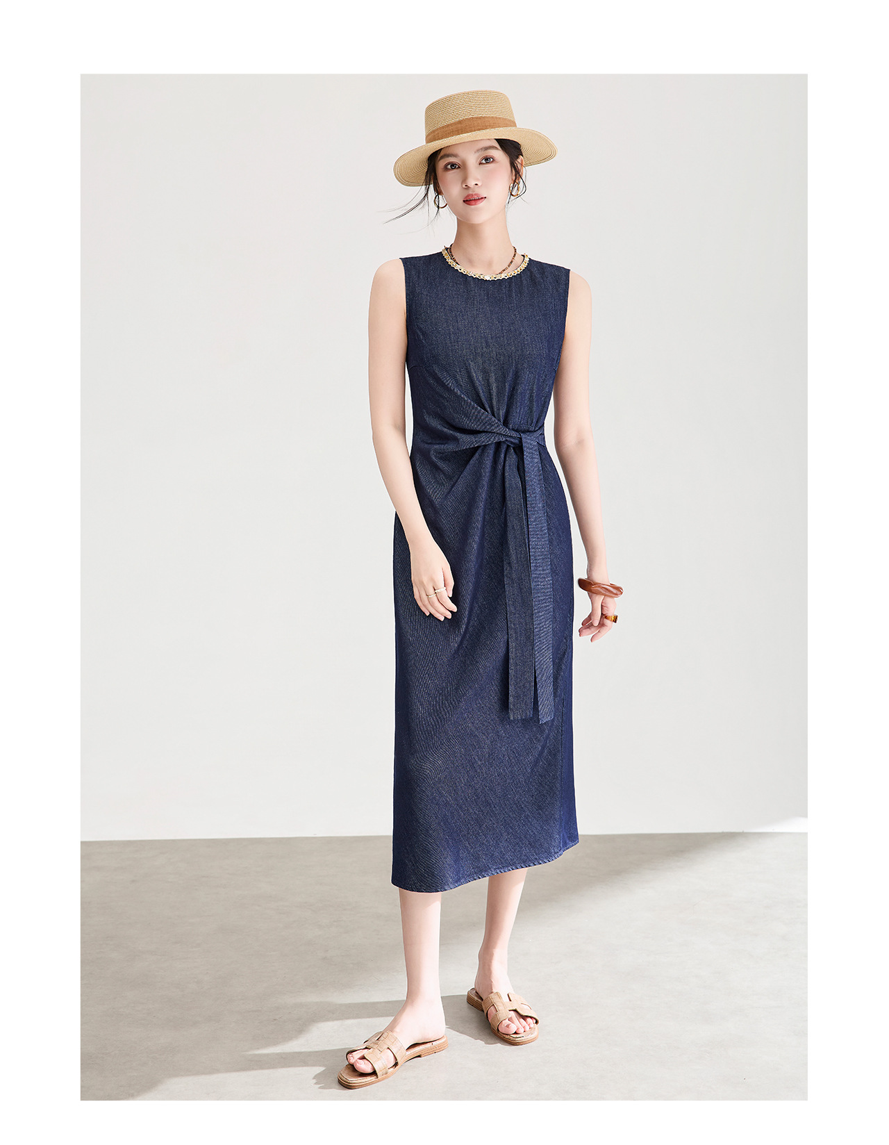 Đầm maxi nữ thiết kế nhăn tay sen cổ tròn chất liệu cotton phối sợi tơ — xanh lam chi tiết 12