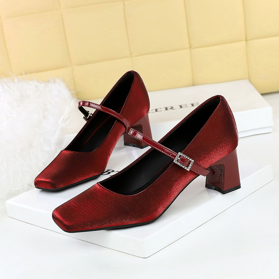6295 French Style Small Fragrance Square Toe Rhinestone Strap Satin Women's Chunky Mid Heel Shallow Mouth Comfortable_vogvips.com