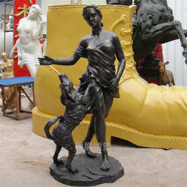 广州番禺玻璃钢仿铜带宠物狗女人雕塑 园林景观雕塑摆件定制
