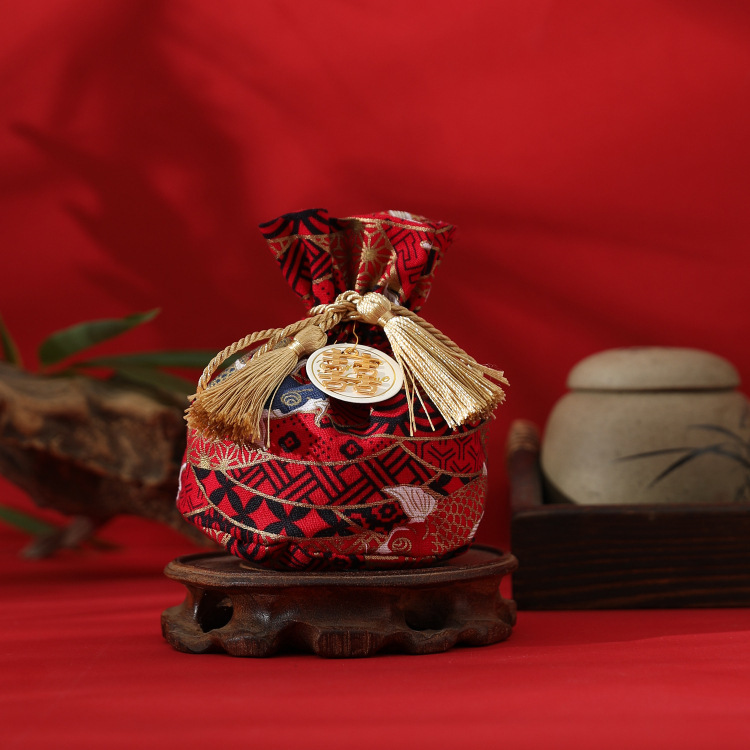 中国式結婚式喜糖袋レトロ国風綿布袋結婚喜糖箱円形束口結婚祝いキャンディー袋|undefined