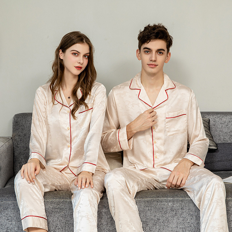 Couple Pajamas for Women Summer New Ice Silk Long-Sleeved Large Size Suit Autumn and Winter Men's High-End Jacquard Home Clothes Couple Pajamas for Women Summer New Ice Silk Long-Sleeved Large Size Suit Autumn and Winter Men's High-End Jacquard Home Clothes