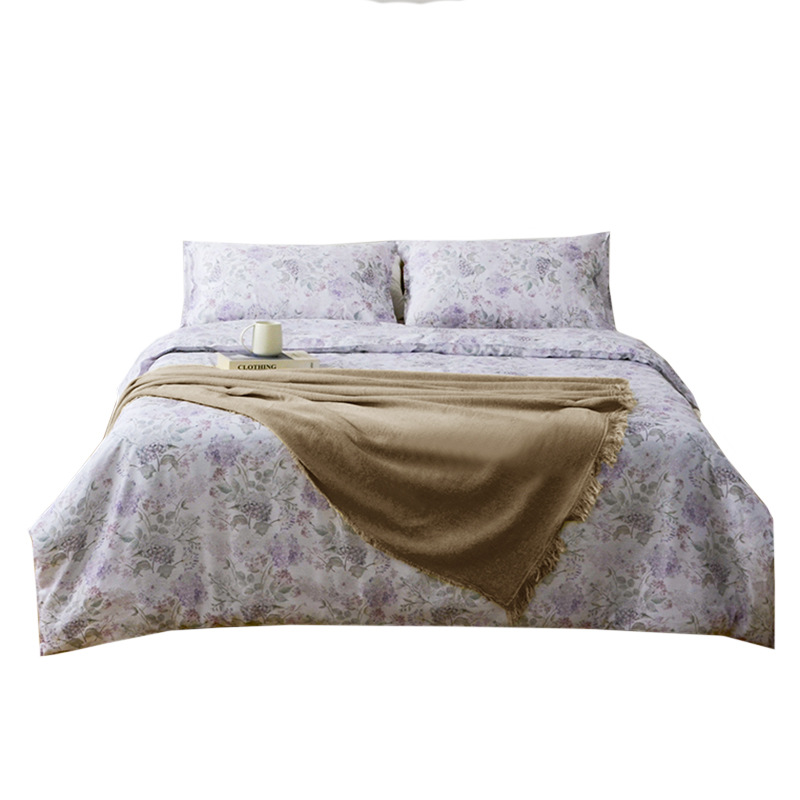 Luz de lujo Tencel Lino conjunto de cuatro piezas estilo pastoral impresión francés lluvia ropa de cama edredón cubierta hoja de cama al por mayor