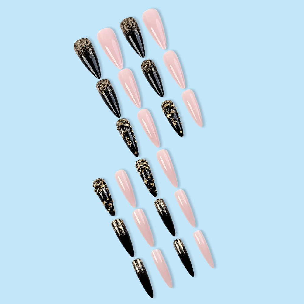 Uñas postizas europeas y americanas de moda, estilo sexy, piezas de uñas con diamantes de imitación en rosa y negro, uñas postizas largas a presión