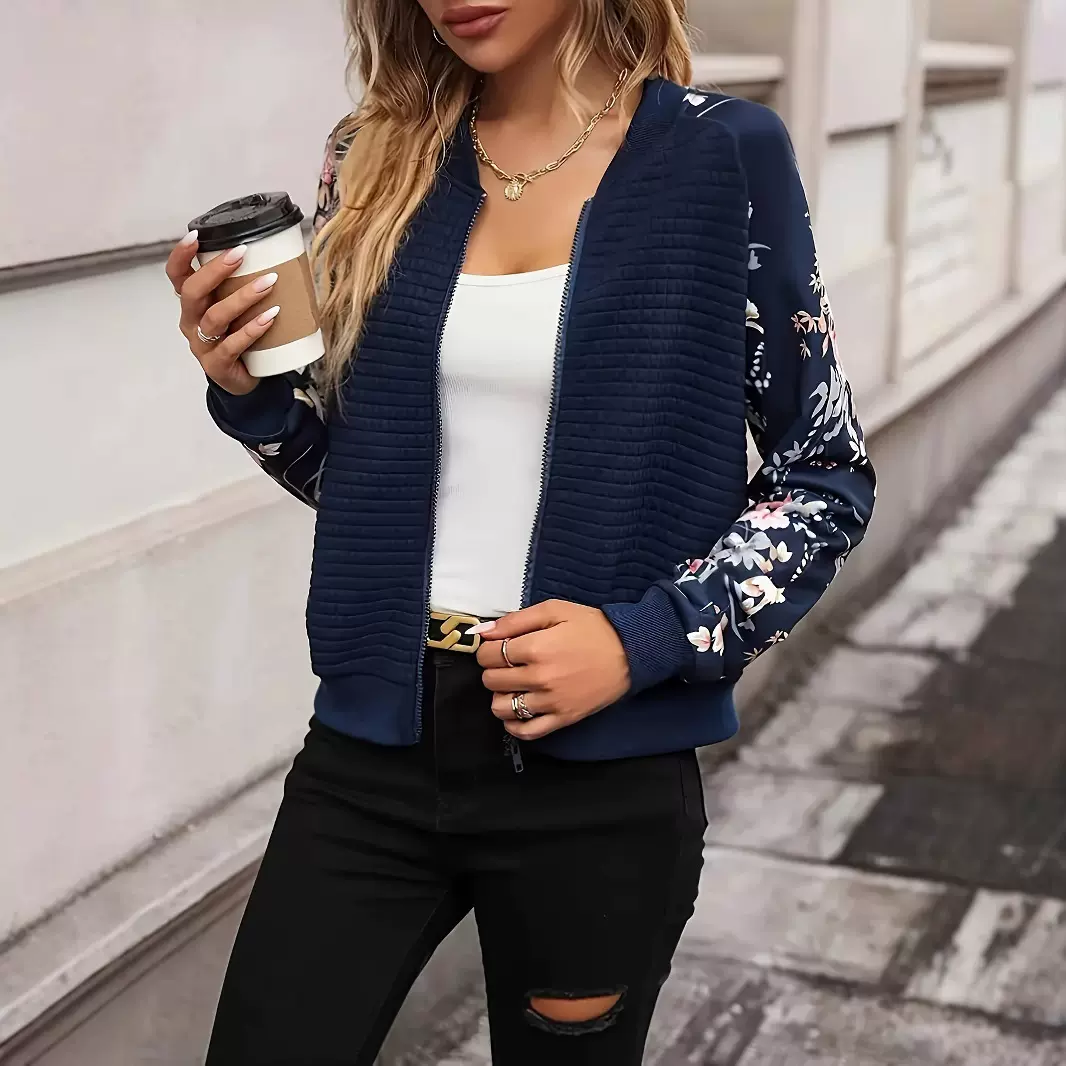 欧美跨境2024 亚马逊秋冬女式新款外贸长袖印花休闲拼接拉链外套