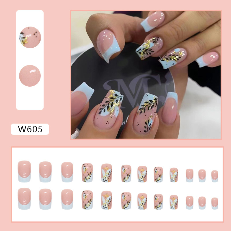 Faux ongles frais de style français de longueur moyenne, poudre d'or, silhouette de feuille, portant des pièces de nail art, 24 pièces dans une boîte_voghion.com