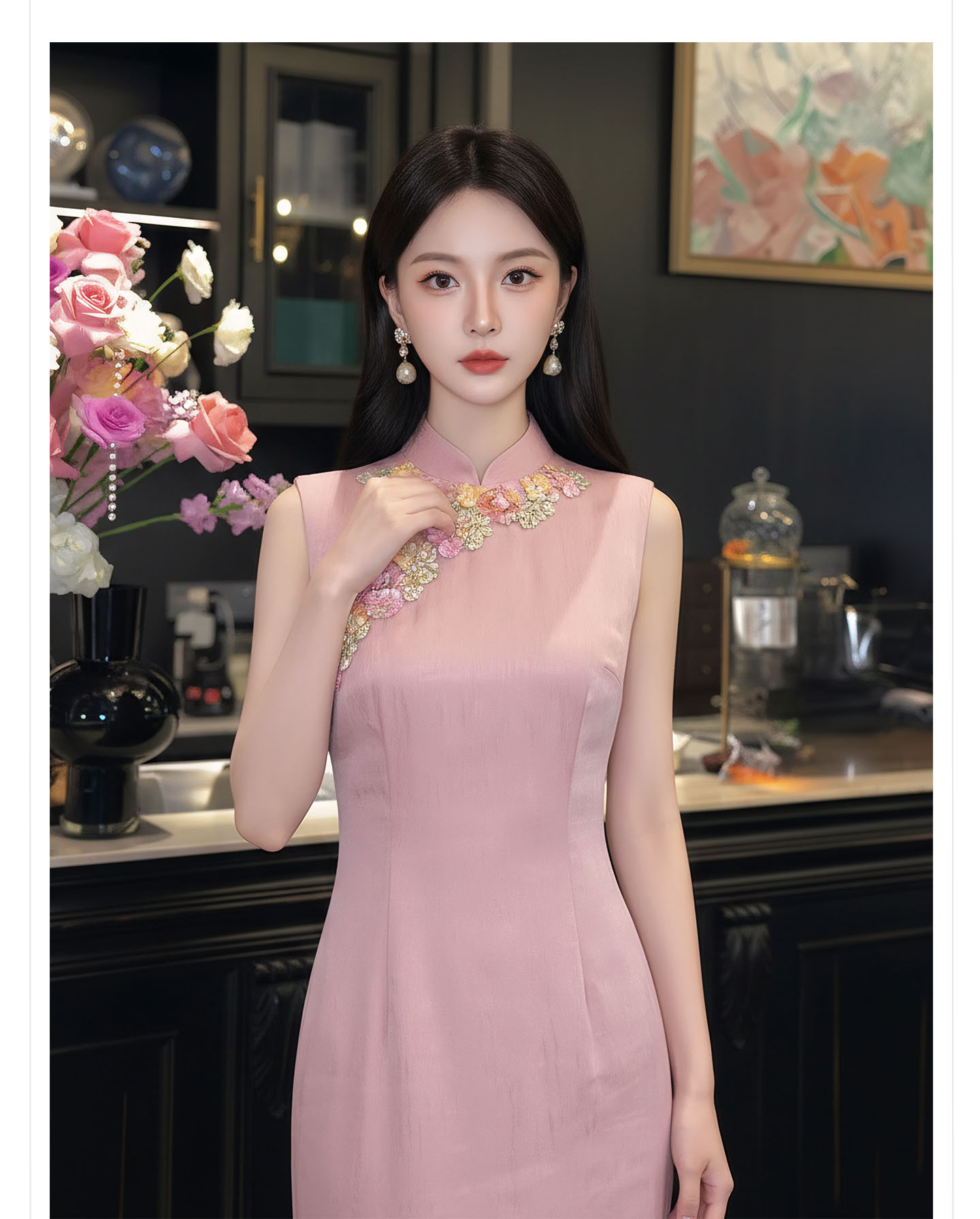 Bộ váy đầm maxi thắt eo kiểu Trung Hoa cải tiến kèm áo khoác choàng tua rua — Trang chủ, bộ đồ, váy liền, váy xanh chi tiết 3