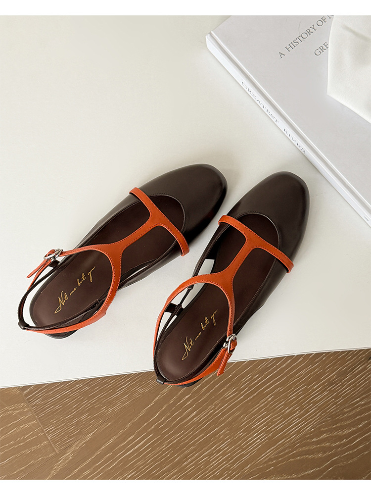 Sandal nữ quai chữ T bít mũi đế bệt da bò phối màu phong cách Hàn — màu nâu chi tiết 24