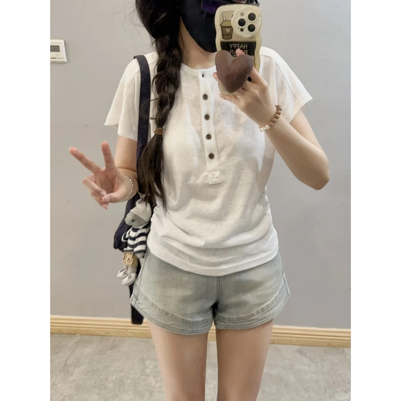 Korean-Style White Henley Collar Short-Sleeve T-Shirt for Women, Summer 2026, Loose Fit, Slimming Top, Wholesale