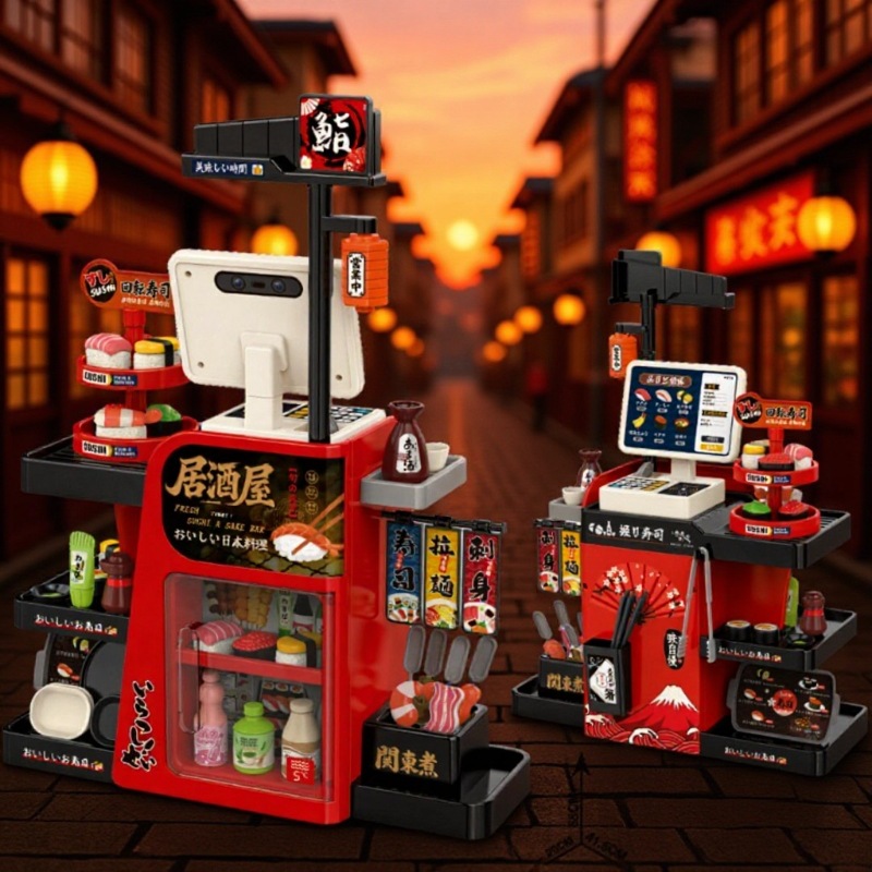 Simulación transfronteriza de alimentos para niños Sushi set de salmón tarjeta deslizante caja registradora churrasco barbacoa mesa de supermercado jugadores en casa