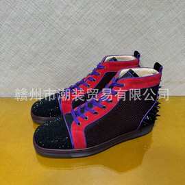 cl andgz男鞋拼色烫钻铆钉高帮红底鞋水晶水钻女鞋休闲情侣板鞋潮