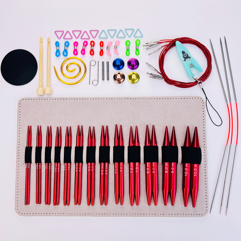 Carefully Selected Detachable Circular Knitting Needle Set, Red Knitting Needles, 360-Degree Rotating Cord Weaving Tool Material Kit