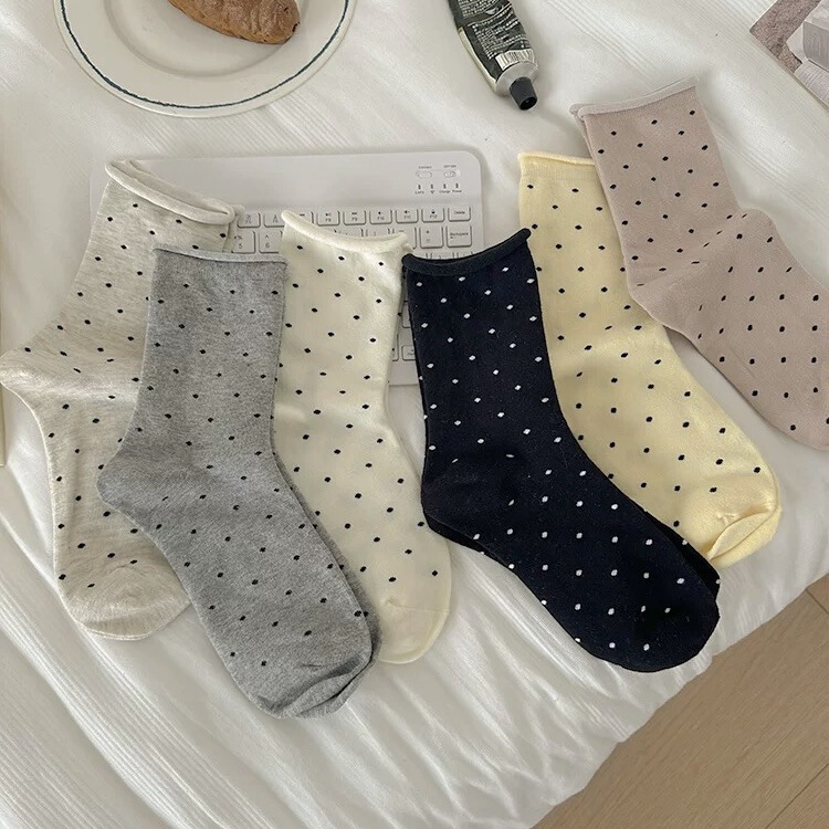 Socks Women's Korean-style Curl Wave Dot Cotton Socks Four-season Academy-style Simple All-match Cream Ins Fashionable Socks