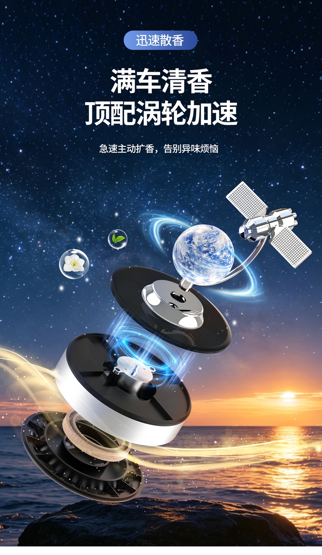 2026 New Cross-Border Solar-Powered Car Air Freshener with Rotating Satellite Earth Design, Car Interior Perfume Ornament Decorative Item