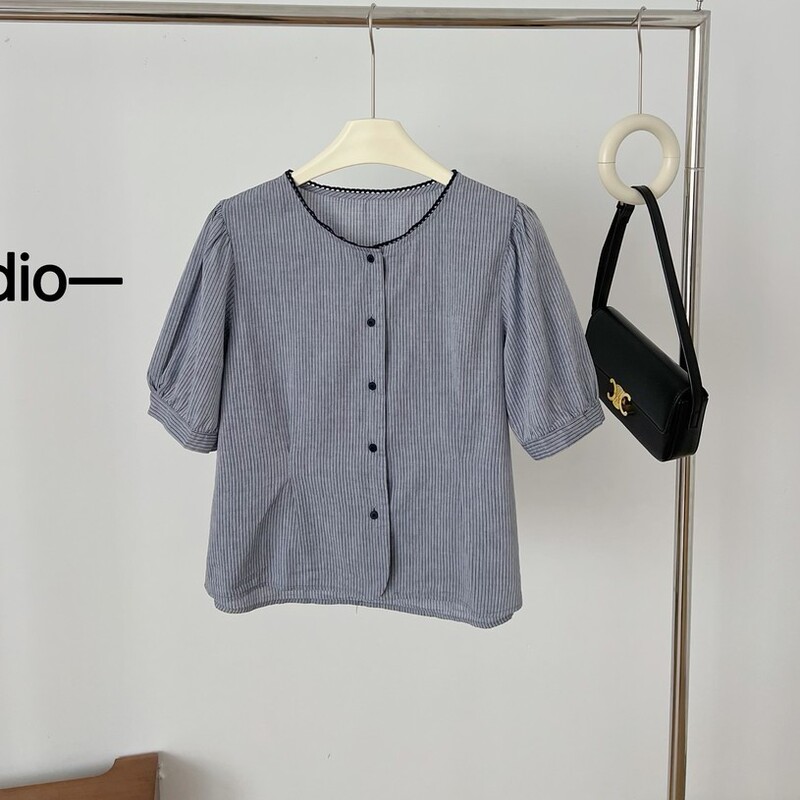 100% Cotton High-End Lace Patchwork Round Neck French-Style Waist-Cinching Pleated Striped Short-Sleeve Shirt for Women, Lazy Style Top