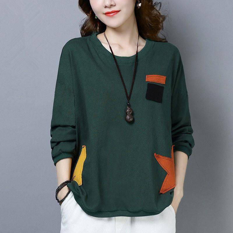 Spring and Autumn New Large Size Women's Long-sleeved T-shirt Loose Cotton-containing Middle-aged Mother's Age-reducing Base Shirt Top