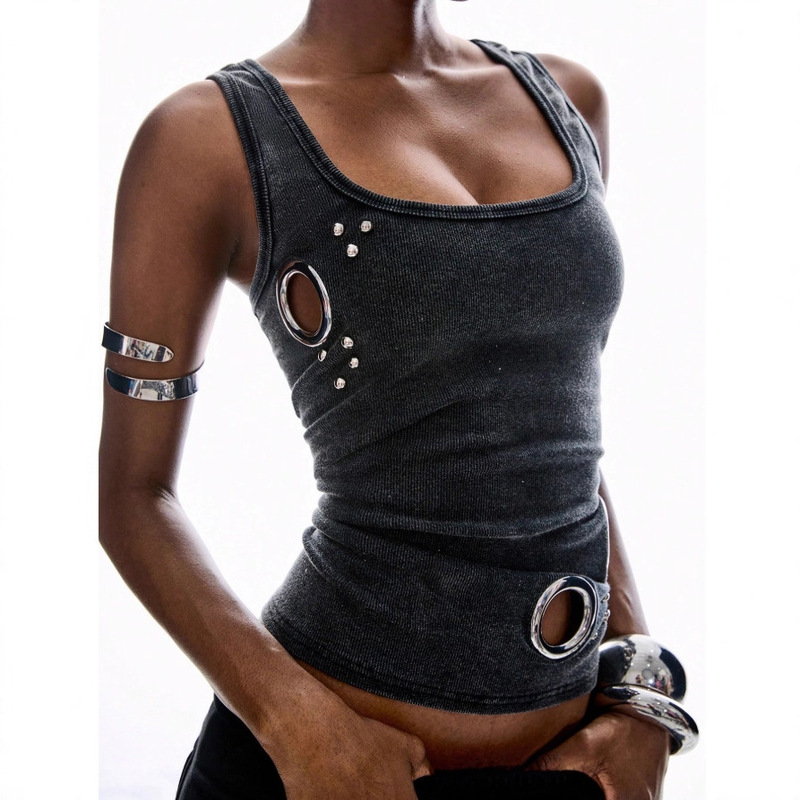 European and American Cross-Border Women's Clothing 2025 Summer New Fashion Stylish Eyelet Slim Versatile Solid Color Camisole Wholesale for Women