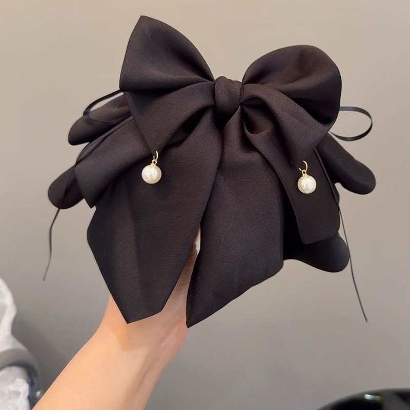気質パールペンダント、黒リボンポニーテールクリップ、後頭部ヘアボールヘアクリップ、高級ヘアアクセサリー|undefined