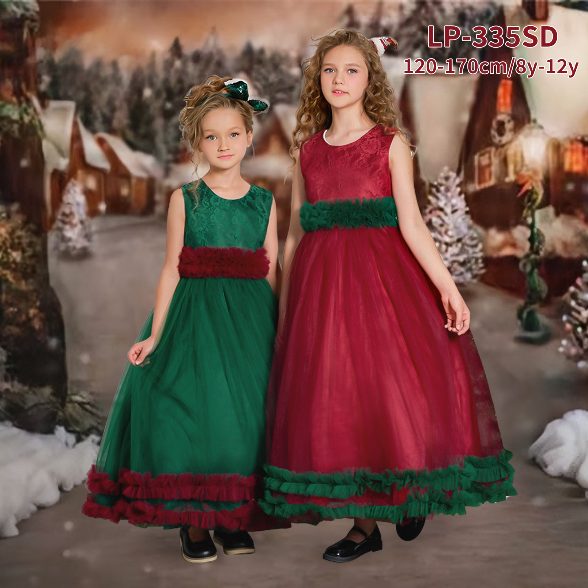 Amazon nuevo Navidad Nochebuena fiesta banquete vestido mediano y grande niños malla bordado vestido princesa vestido en stock
