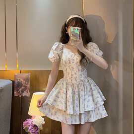一字领泡泡袖蓬蓬公主连衣裙芝芝葡萄温柔少女碎花初恋裙春夏女装