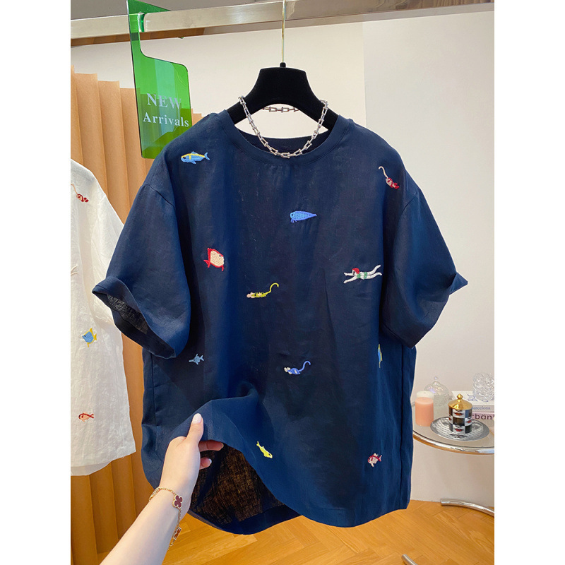 ハイエンドホワイトナチュラルリネン Tシャツレディース半袖 2025 新しいヨーロッパルーズプルオーバーラウンドネックコットンとリネントップ夏|undefined