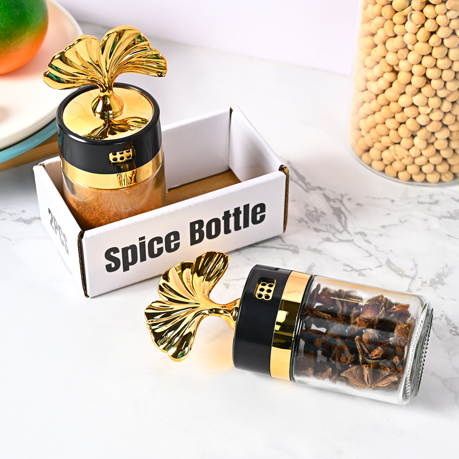 Nueva cocina sellada ginkgo hoja condimento botella hogar frasco de sal vidrio condimento botella condimento caja MSG condimento botella