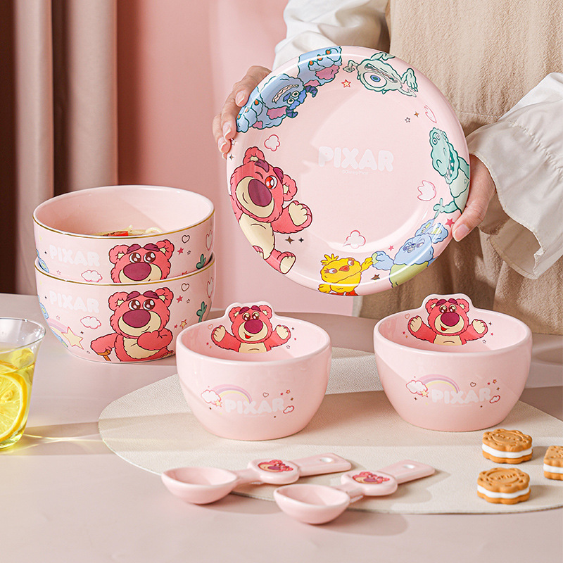 Strawberry Bear Ceramic Tableware for Home Use, Cartoon Rice Bowls, High Aesthetic Value, Cute, Light Luxury, High Temperature Resistant Bowl and Plate Set, Small Spoon Strawberry Bear Ceramic Tableware for Home Use, Cartoon Rice Bowls, High Aesthetic Value, Cute, Light Luxury, High Temperature Resistant Bowl and Plate Set, Small Spoon