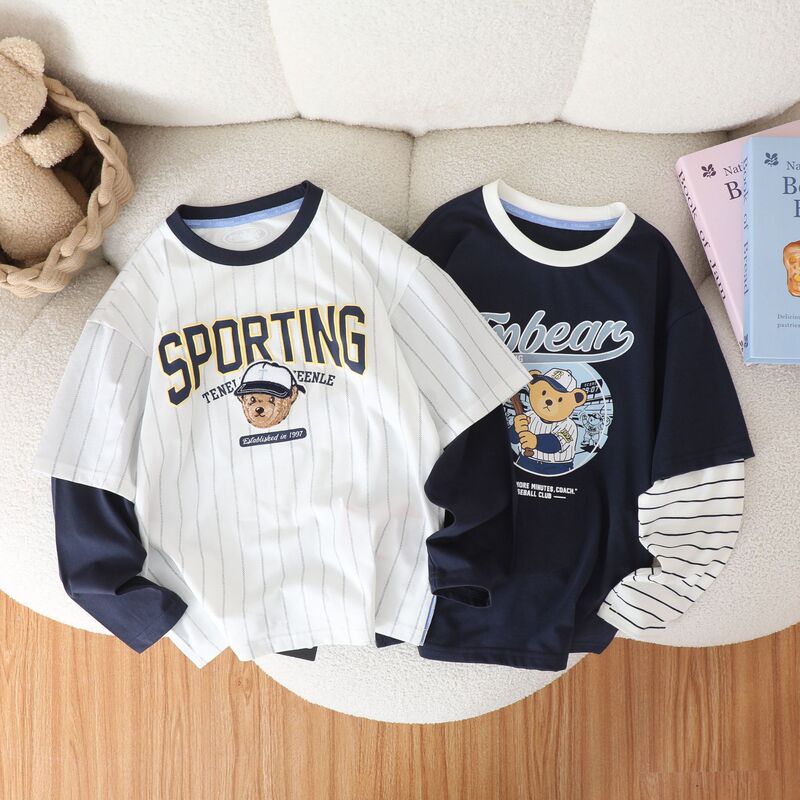 Little Bear Children's Clothing 26 Spring and Autumn New Style Boys' Fashionable Fake Two-Piece Striped Cotton Long-Sleeve T-Shirt with Cartoon Little Bear Little Bear Children's Clothing 26 Spring and Autumn New Style Boys' Fashionable Fake Two-Piece Striped Cotton Long-Sleeve T-Shirt with Cartoon Little Bear