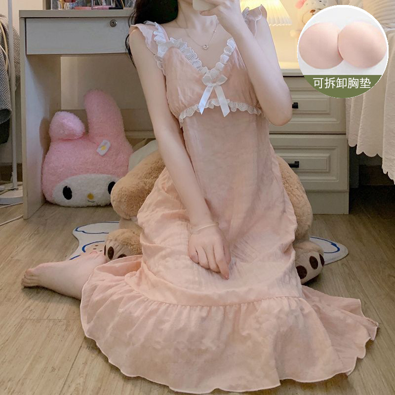 Fairy Fengyunduo Cotton Nightgown with Detachable Chest Pad V-neck Lace French Summer Pajamas Women's Long Sling Skirt