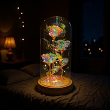 工厂直销三朵金箔花玻璃罩带灯永生花教师节七夕生日礼物仿真花