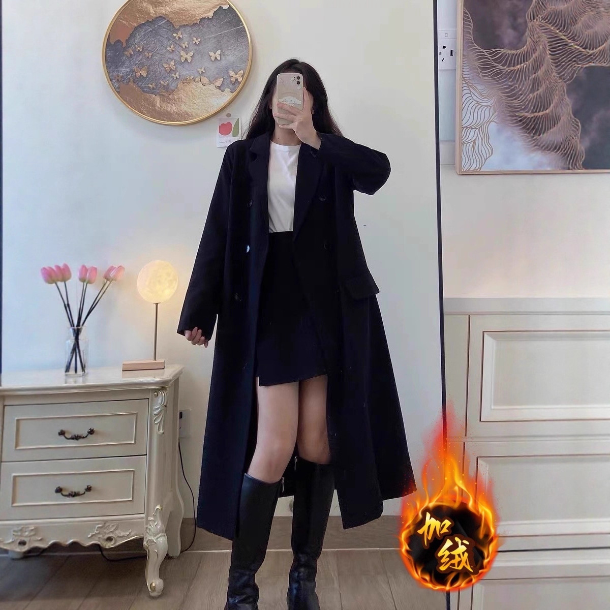 This Year's Popular Woolen Outwear Women's Mid-Length 2025 Velvet Thickeneded Autumn and Winter High-End Hepburn Style Woolen Outwear