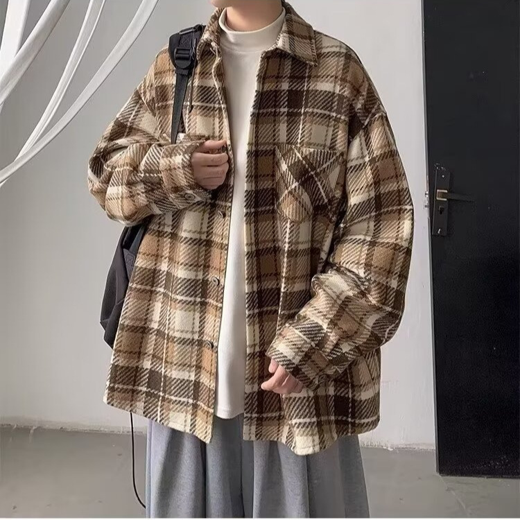 패션 트렌드 하라주쿠 신간 게으른 일본 모직 격자 무늬 외투 재킷 남성 캐주얼 더피안 손수건 셔츠