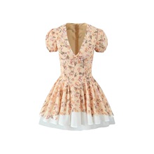 修身收腰褶皺蓬蓬超短裙女歐美深V領定位印花拼接泡泡袖連衣裙