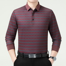 正品100%桑蚕丝长袖t恤男中年商务休闲宽松条纹真丝上衣爸爸装男