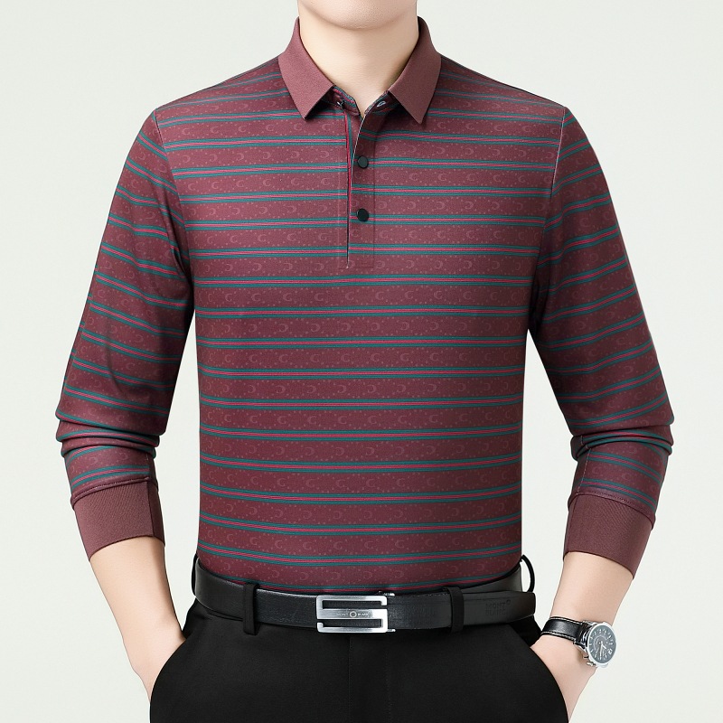 正品100%桑蚕丝长袖t恤男中年商务休闲宽松条纹真丝上衣爸爸装男