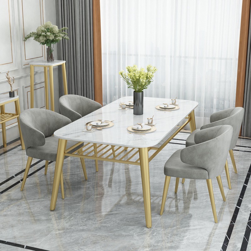 Italian-Style High-End Marble Dining Table and Chairs Rectangular Dining Table Slate Dining Table Multi-Person Party Dining Table and Chair Combination