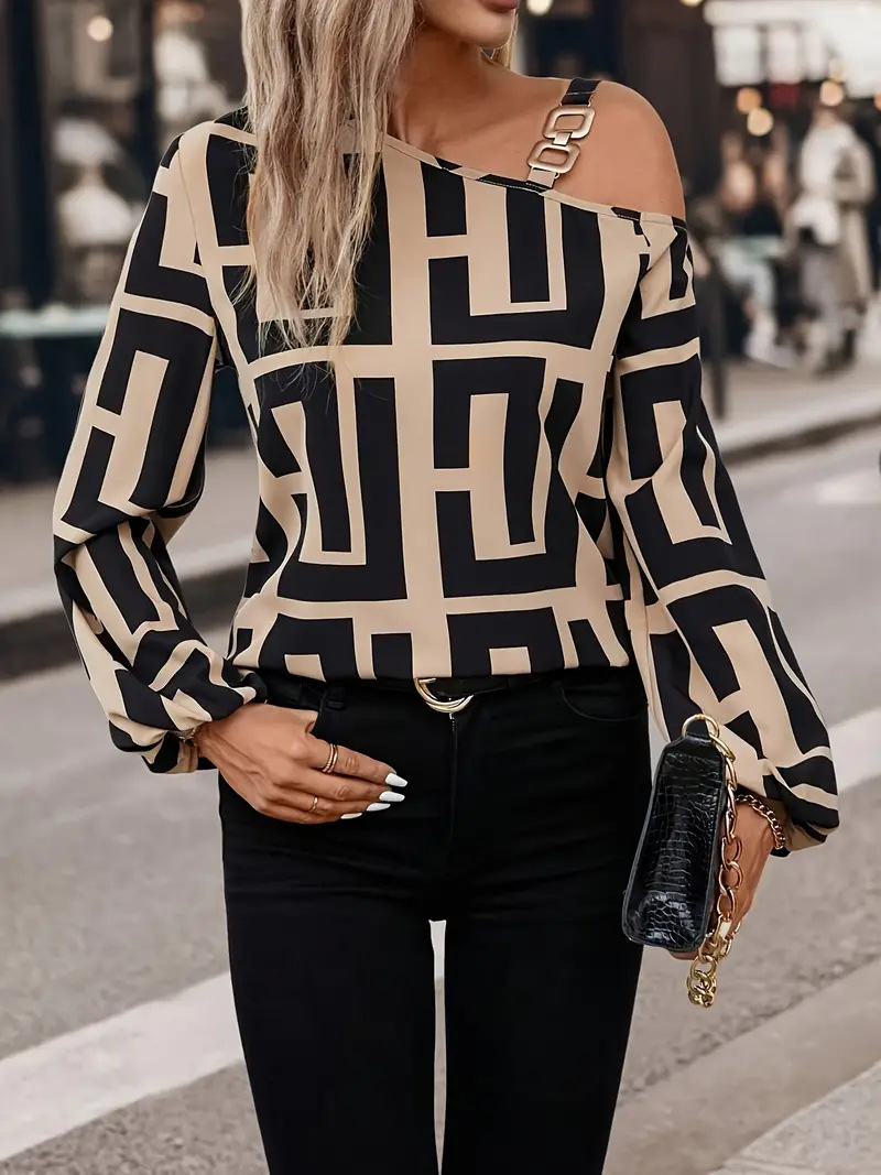 273g Weight Long Sleeve Sleeve Length Polyester Fabric Type Regular Top Length Blouse Tops Type Casual, Daily Occasion Oblique collar Neckline Regular Fit Fit Type Geometric Pattern Spring, Autumn Season Women's Gender Printing Design Elegant, Streetwear Style Wholesale Women's Elegant Streetwear Geometric Long Sleeve Printing Blouses 无