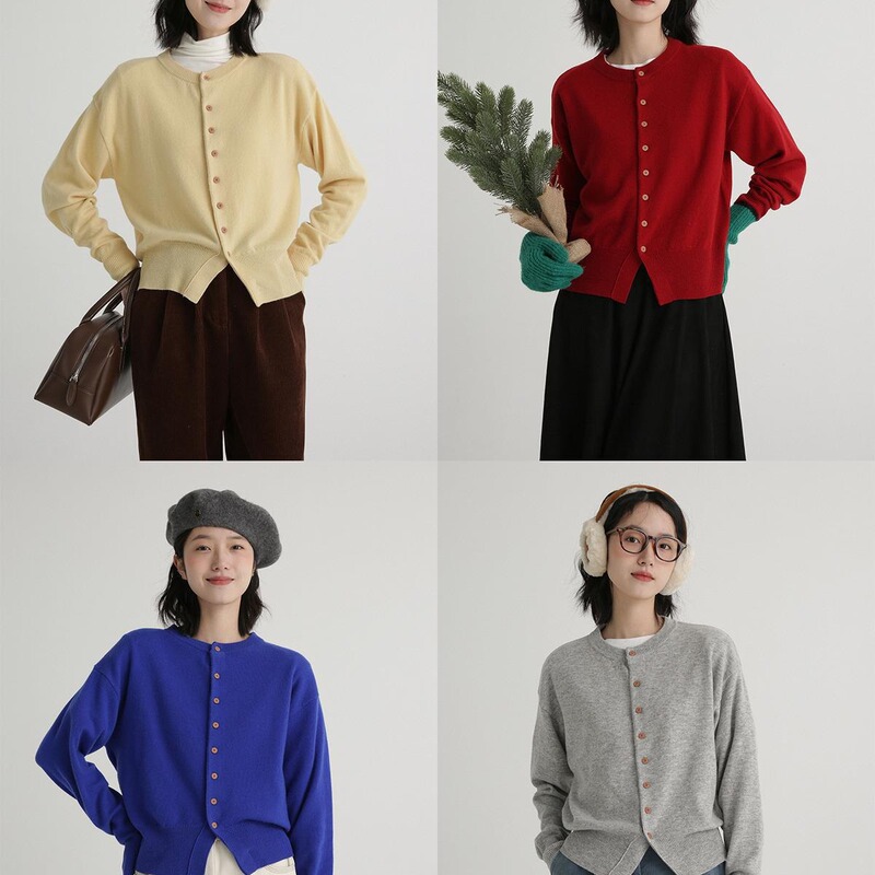 100% wool round neck knitted cardigan inner base shirt loose sweater cardigan