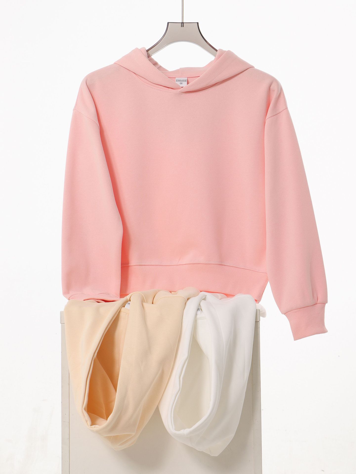 Marca de moda de color sólido con capuchón de plata, camiseta corta de hombro para mujeres otoño y invierno pesado 450g con camiseta con capuchón cálida y casual