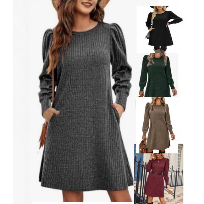 European and American Fashion Women's Dress with Knitted Puff Sleeves, Long Sleeves, Autumn and Winter Round Neck Casual Loose Dress with Pockets European and American Fashion Women's Dress with Knitted Puff Sleeves, Long Sleeves, Autumn and Winter Round Neck Casual Loose Dress with Pockets