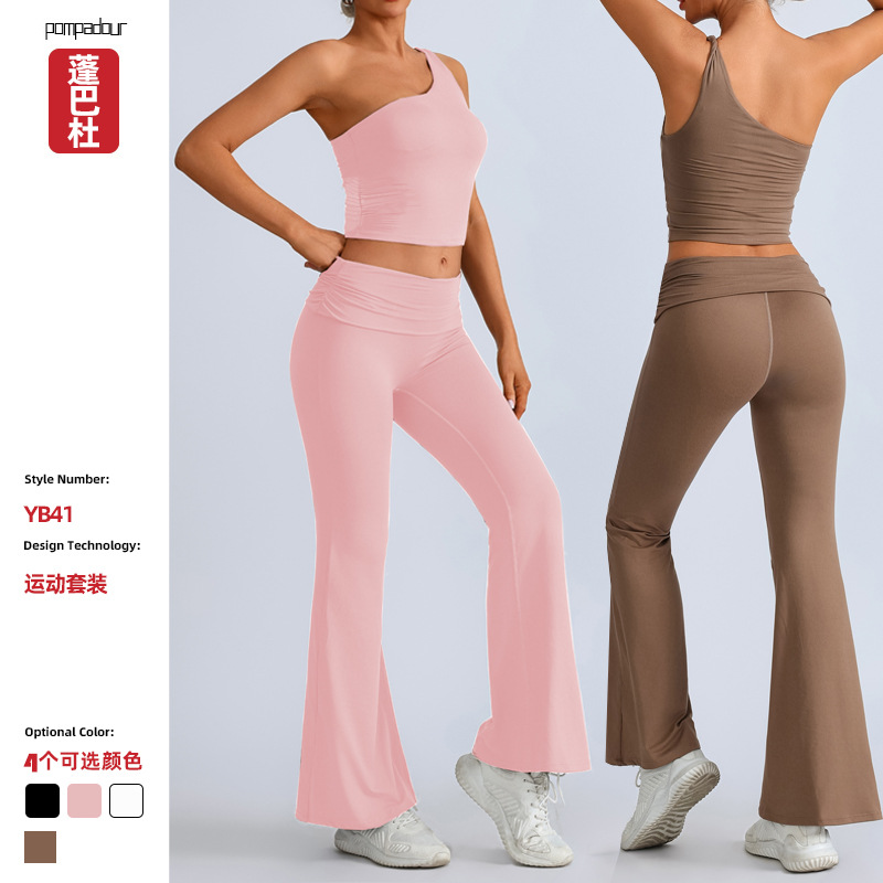 Traje de yoga transfronterizo europeo y americano, top irregular de un solo hombro para mujer, deportes, fitness, caderas, pantalones anchos, pantalones micro