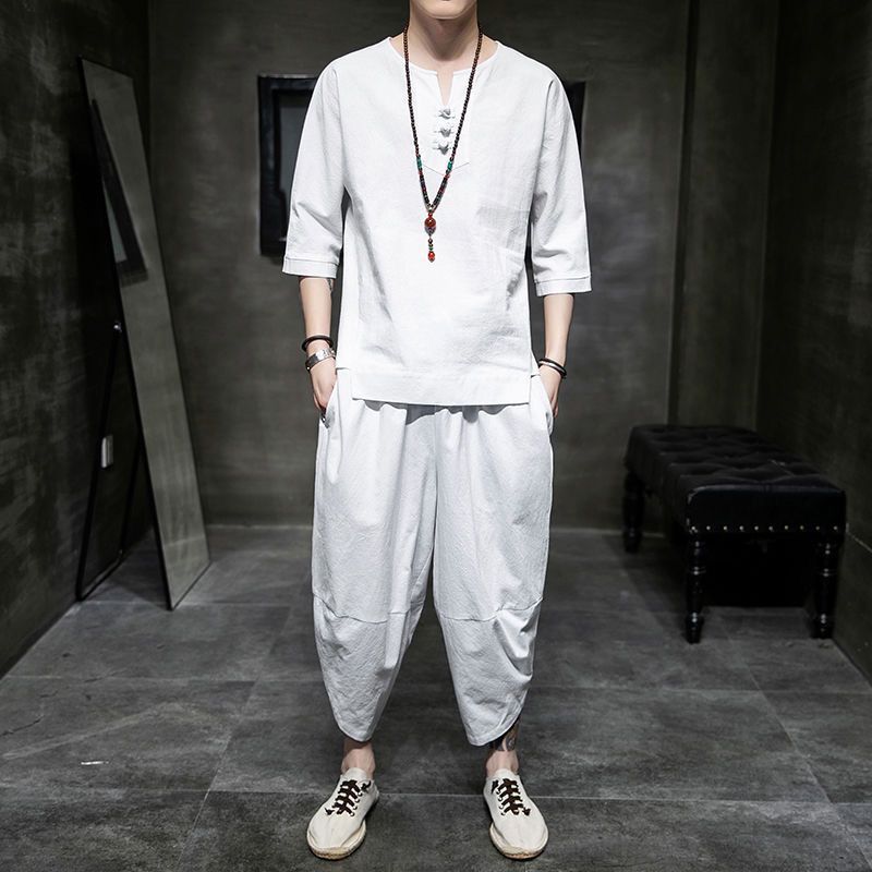 Traje de lino de estilo chino de verano Camiseta de manga corta para hombre Estilo antiguo suelto casual Camiseta Hanfu de algodón y lino de gran tamaño Traje Tang